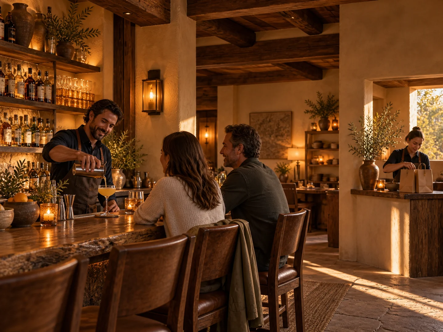 Warm restaurant bar with guests and a bartender